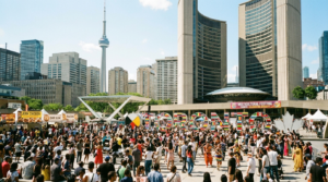 Large multicultural festival at Toronto City Hall with crowds, food vendors, and the CN Tower in the background.