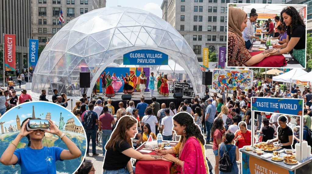 Multicultural festival with global performances, interactive experiences, food sampling, and diverse community engagement activities.
