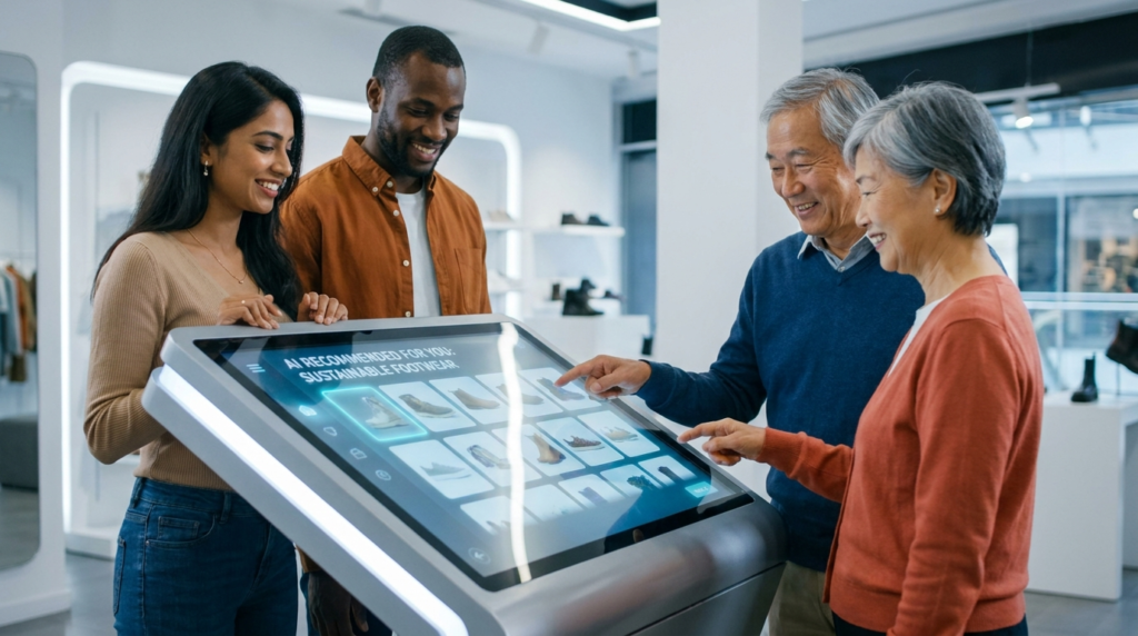 Diverse shoppers using an interactive digital display to explore personalized product recommendations in a retail setting.