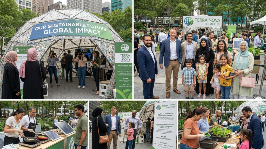 Sustainability-focused community activation with interactive exhibits, diverse attendees, and hands-on environmental education activities.