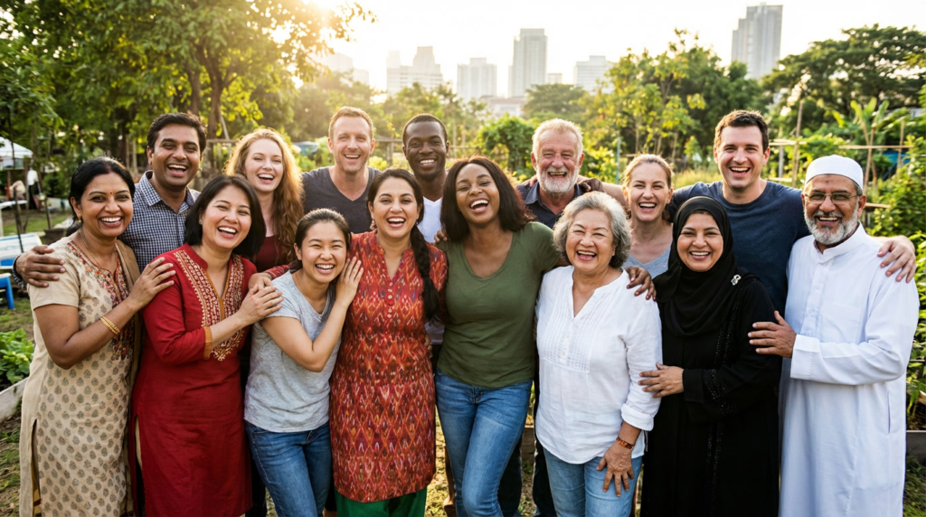 Diverse group of people smiling together outdoors, representing multicultural community and inclusion.