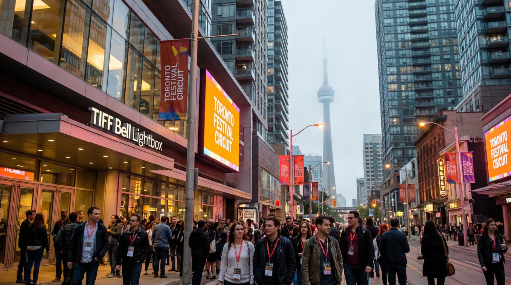 Crowd outside TIFF Bell Lightbox during the Toronto Festival Circuit with CN Tower in the background.