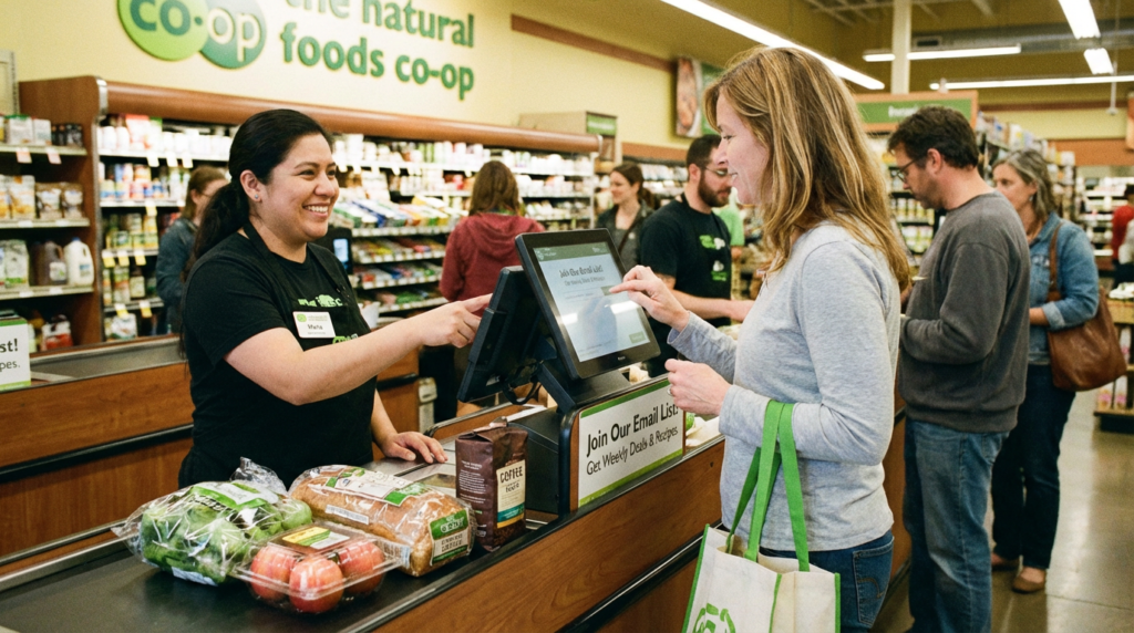 Customer signing up on a tablet at a grocery checkout while interacting with a store associate.