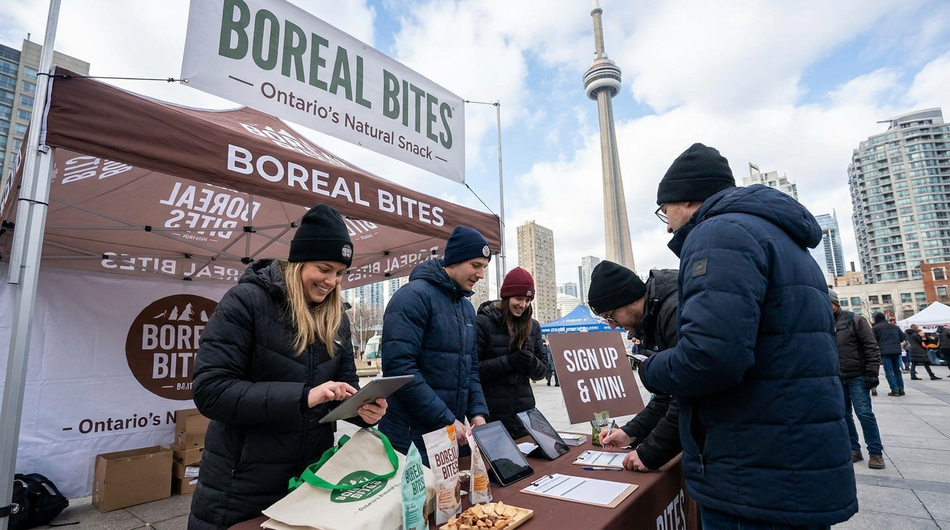 Outdoor brand activation in Toronto with staff offering samples and collecting sign-ups at a Boreal Bites booth near the CN Tower.