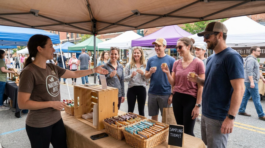 Brand ambassador hosting a product sampling activation at an outdoor market, engaging a small group of attendees with samples and conversation while showcasing packaged snack products at the booth.