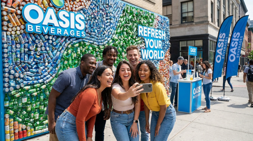 Group of diverse young adults taking a selfie in front of an Oasis Beverages experiential activation wall made of recycled cans, with brand ambassadors hosting a sampling booth in the background and promotional flags lining the street.