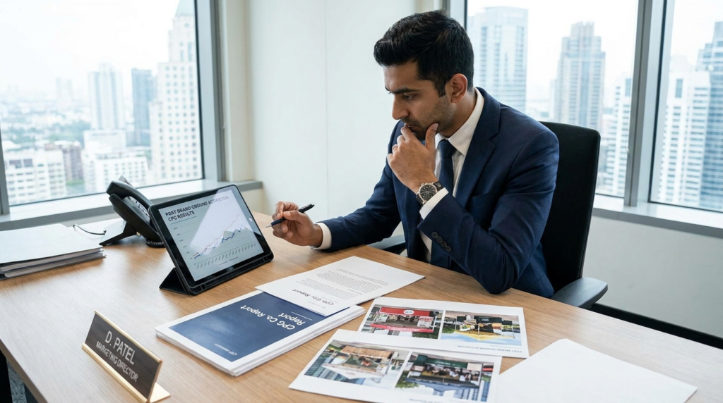 Marketing director reviewing campaign performance at his desk, analyzing CPG brand activation results on a tablet while referencing printed reports and activation visuals.