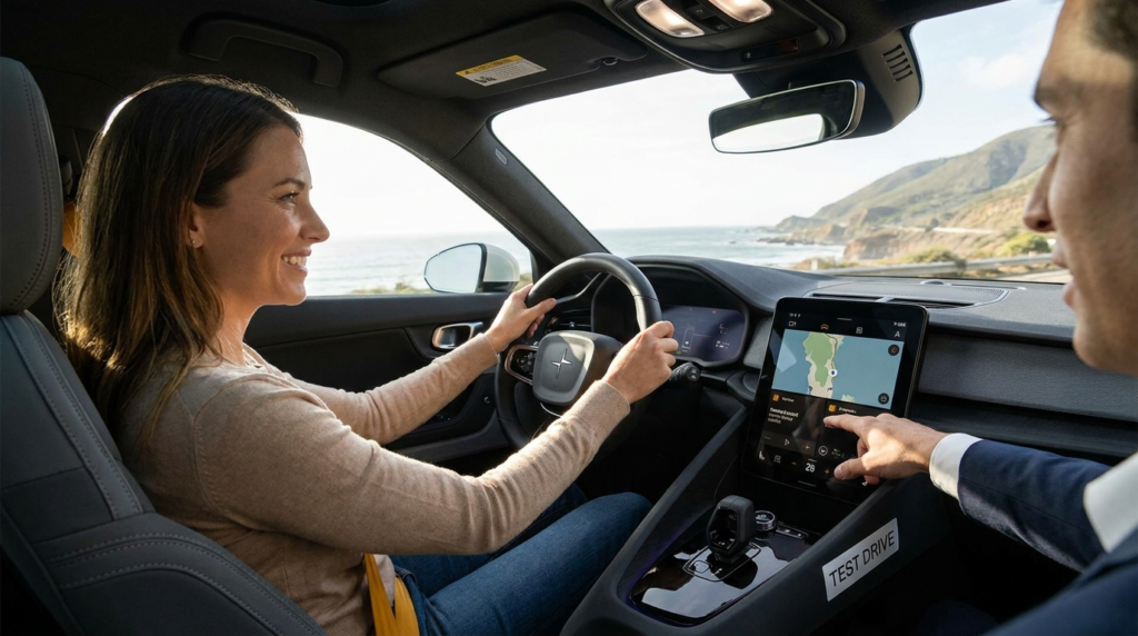 Prospective customer on a guided test drive, interacting with the in-car digital interface while a brand representative highlights features along a scenic coastal route.