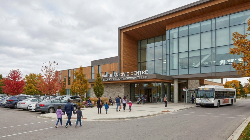 Exterior view of the Vaughan Civic Centre, a modern community hub with large glass windows and wood accents, as families and visitors arrive at the resource library entrance.