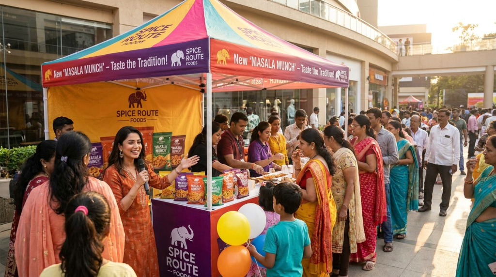 Brand ambassador hosting a high-traffic cultural sampling activation for Spice Route Foods, engaging a diverse South Asian crowd with live product demos, tastings, and direct interaction at a vibrant retail plaza setup.