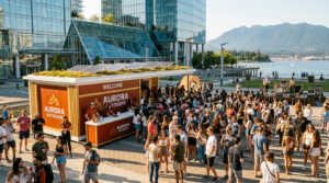Large-scale waterfront brand activation for Aurora Outdoors, featuring a high-traffic experiential booth, live music performance, and crowd engagement in a vibrant urban setting.