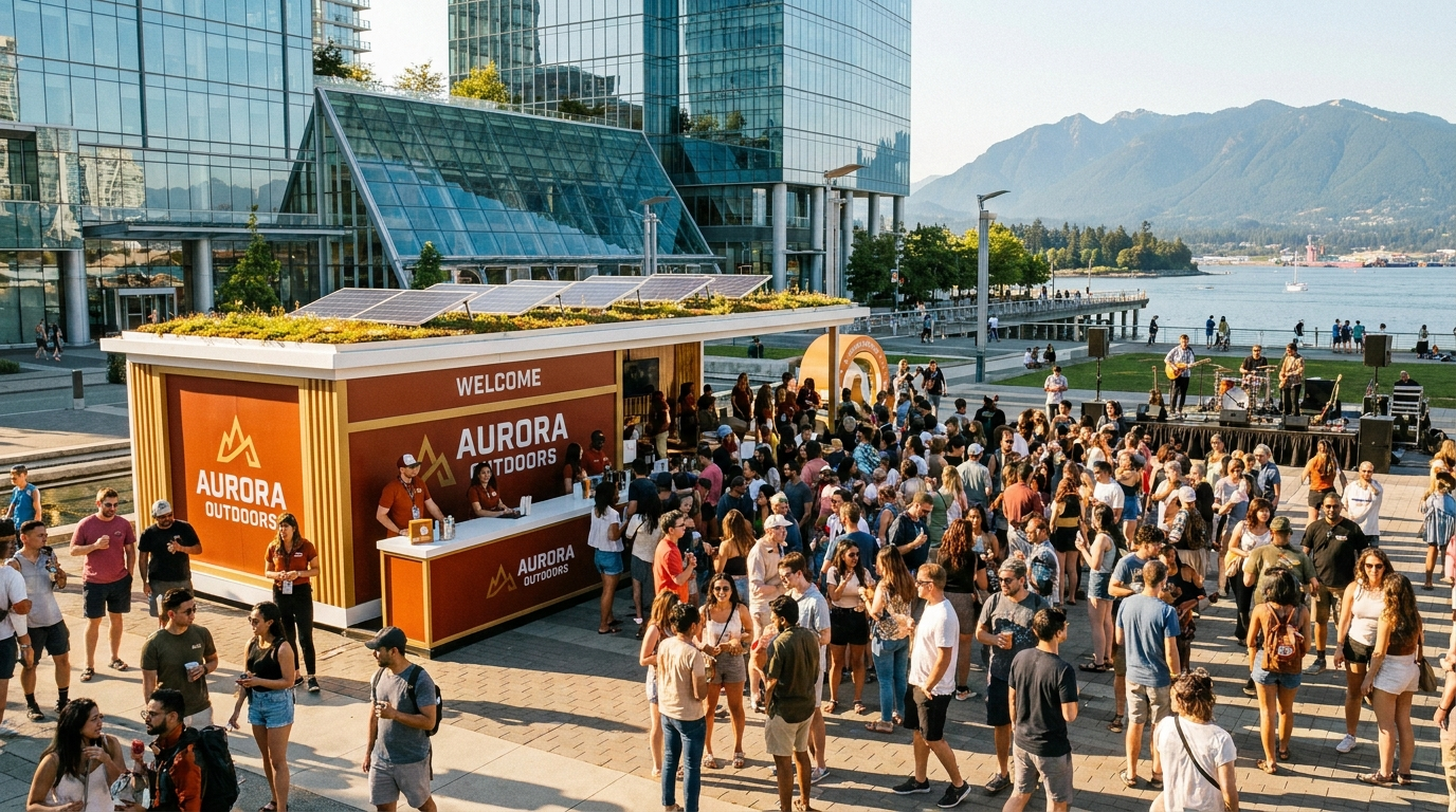 Large-scale waterfront brand activation for Aurora Outdoors, featuring a high-traffic experiential booth, live music performance, and crowd engagement in a vibrant urban setting.