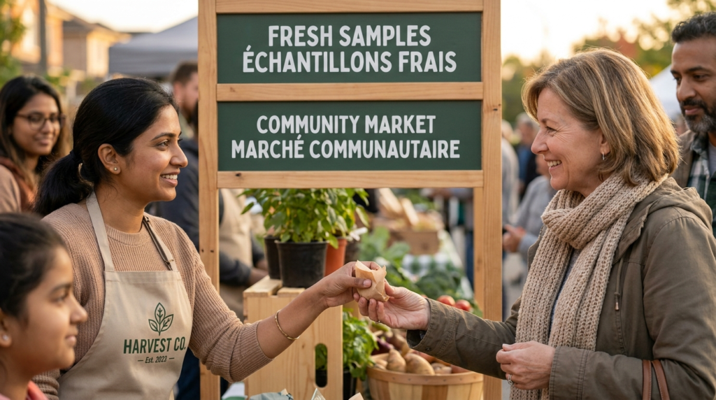 Community-driven sampling moment at a local market, where a brand ambassador offers fresh product trials, creating a warm, trust-based interaction that encourages immediate engagement and trial.