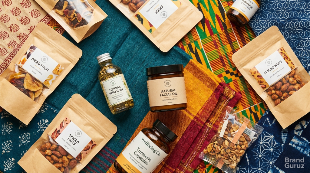 Flat lay of natural CPG products including dried fruit, spiced nuts, herbal infusion, turmeric capsules, and facial oil arranged on colorful cultural textiles.