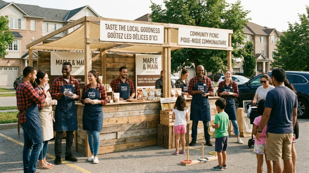 Community sampling booth at a neighborhood event with brand ambassadors serving local products to families under a “Taste the Local Goodness” sign.
