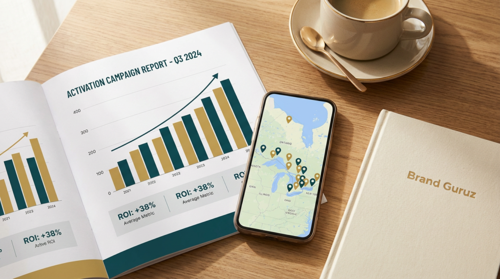 Activation campaign report showing ROI growth charts, alongside a smartphone displaying Ontario location data and a Brand Guruz notebook on a desk.