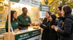 Brand ambassadors handing out free food samples to a group of people at an outdoor community event booth.