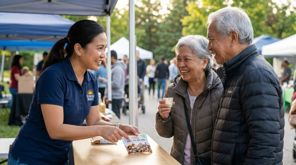 Brand ambassador offering snack samples to an older couple at an outdoor market, with friendly conversation and product introduction.