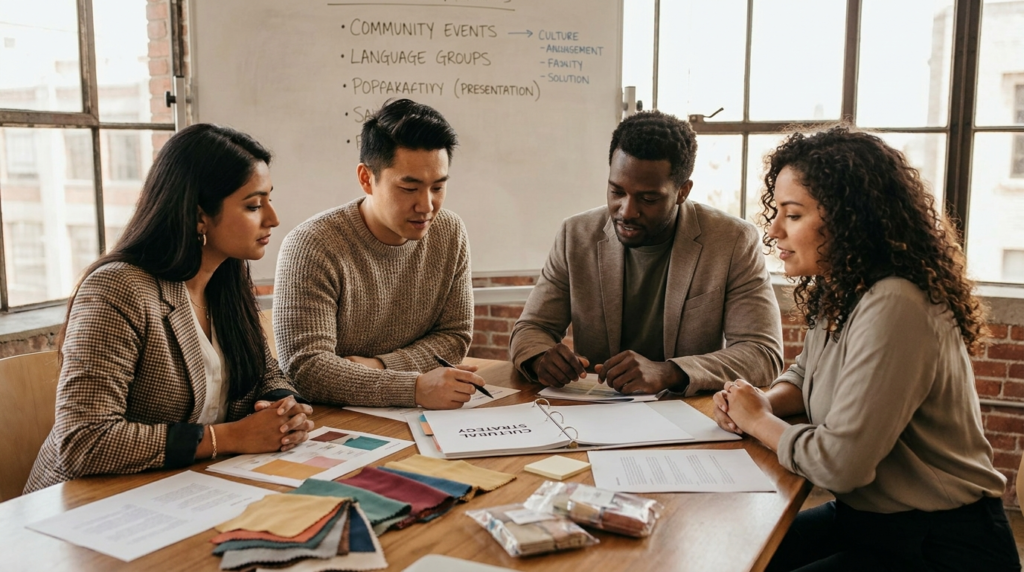 Team collaborating on a culturally focused marketing strategy, reviewing materials and notes around a table in a meeting space.