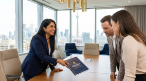 Business professional presenting a proposal to clients in a modern office with Toronto skyline and CN Tower in the background.