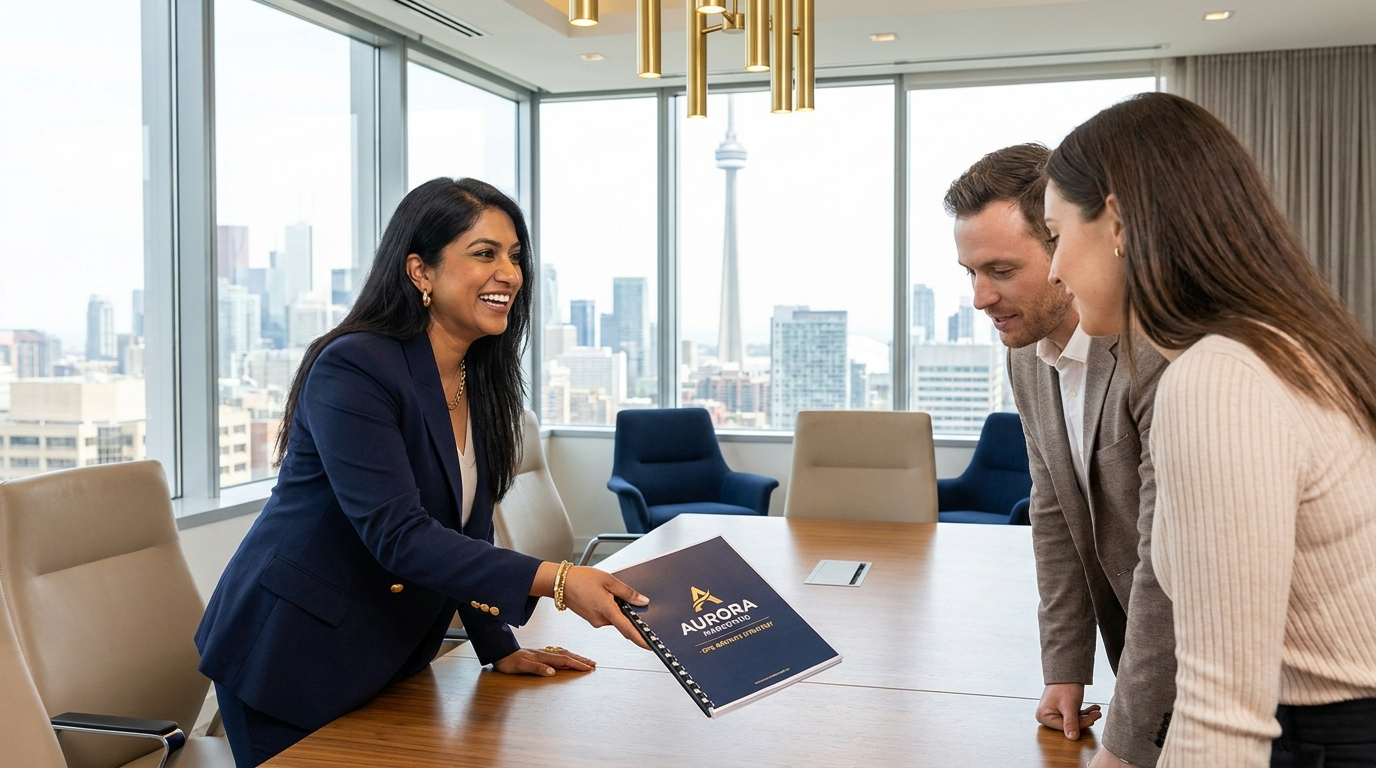 Business professional presenting a proposal to clients in a modern office with Toronto skyline and CN Tower in the background.