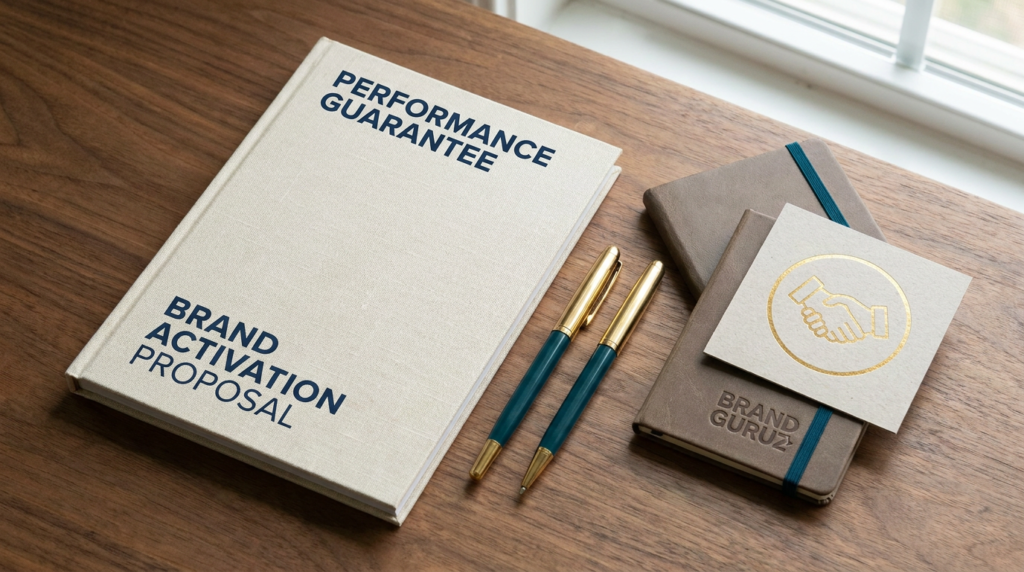 Brand activation proposal booklet with “Performance Guarantee” on a wooden desk, alongside branded notebook, business card, and pens.