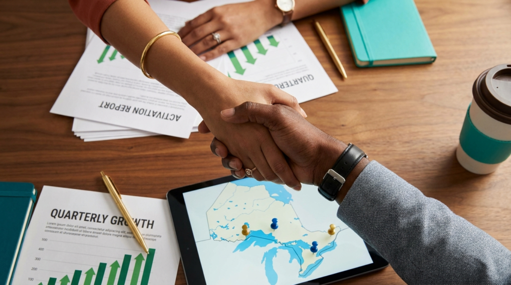 Handshake over a desk with quarterly growth reports and a tablet map of Ontario marked with location pins, symbolizing a business agreement and regional expansion.