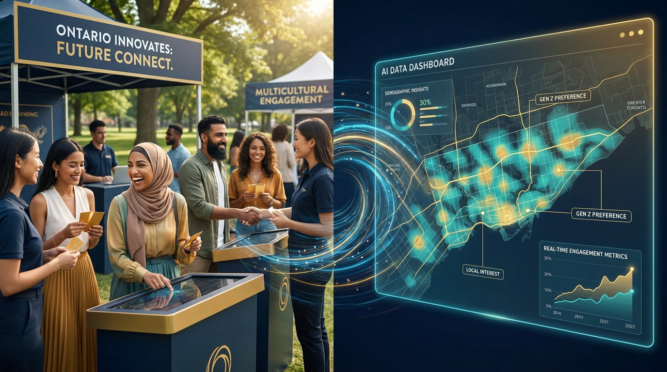 Split image showing multicultural brand activation event in a park with people engaging at kiosks on the left, and a digital AI data dashboard with Ontario heatmap and engagement metrics on the right.