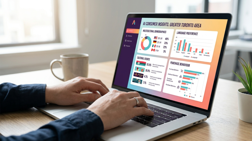 Person using a laptop displaying AI consumer insights dashboard for the Greater Toronto Area, with charts on demographics, language preferences, cultural events, and purchase behavior.