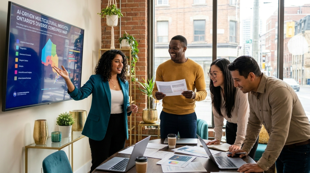 Team reviewing AI-driven multicultural consumer insights on a screen, with a presenter explaining Ontario demographic data while colleagues collaborate around a table with laptops and reports.