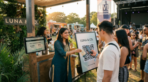 Brand ambassador at a festival booth handing a sample to a visitor while they scan a QR code, with a screen showing real-time engagement metrics and a live event crowd in the background.