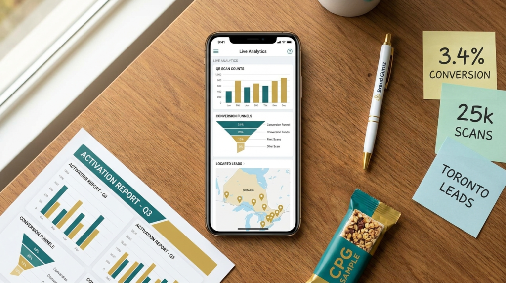 Smartphone displaying live analytics dashboard with QR scan counts, conversion funnel, and Ontario lead map, beside activation report, branded pen, and notes showing conversion rate and Toronto leads.