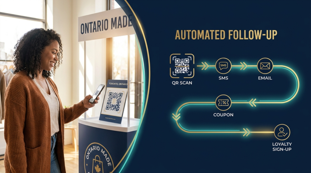 Customer scanning a QR code at an “Ontario Made” display, with a visual flow of automated follow-up steps including SMS, email, coupon, and loyalty sign-up.