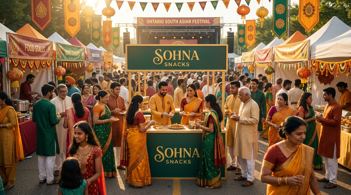 Crowded South Asian festival in Ontario with a “Sohna Snacks” booth offering food samples, surrounded by decorated stalls, colorful banners, and attendees in traditional attire enjoying the event.