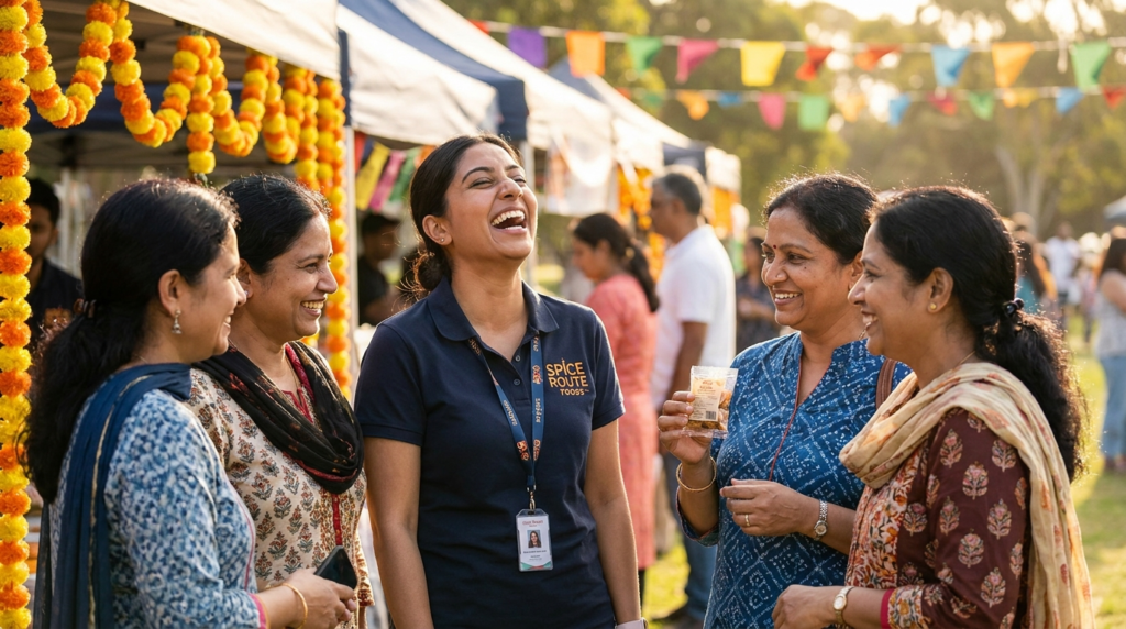 Brand ambassador from Spice Route Foods laughing and engaging with a group of women at an outdoor South Asian festival, surrounded by decorated stalls and colorful garlands.