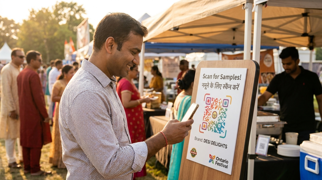 Man scanning a QR code for free samples at a multicultural outdoor food festival booth, with sign reading “Scan for Samples” and Ontario Festival branding in the background.