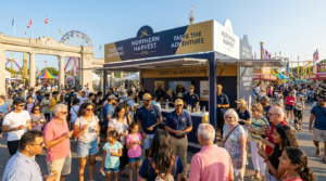 Crowd gathered around a “Northern Harvest CPG” sampling booth at a busy fairground, with people trying samples near the Princes’ Gates and amusement rides in the background.
