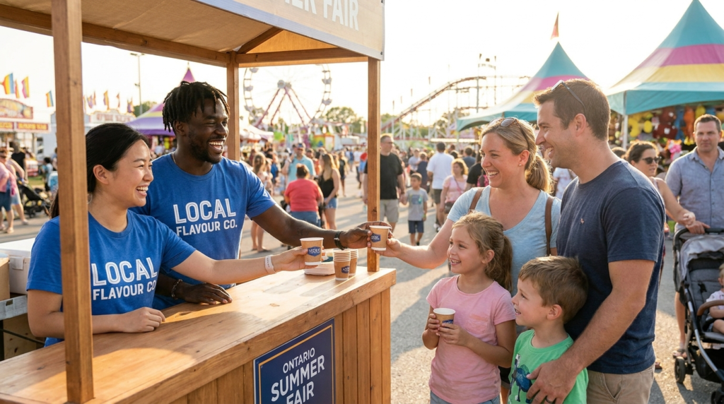 Brand ambassadors from “Local Flavour Co.” handing out sample drinks to a family at an Ontario summer fair, with rides and crowds in the background.
