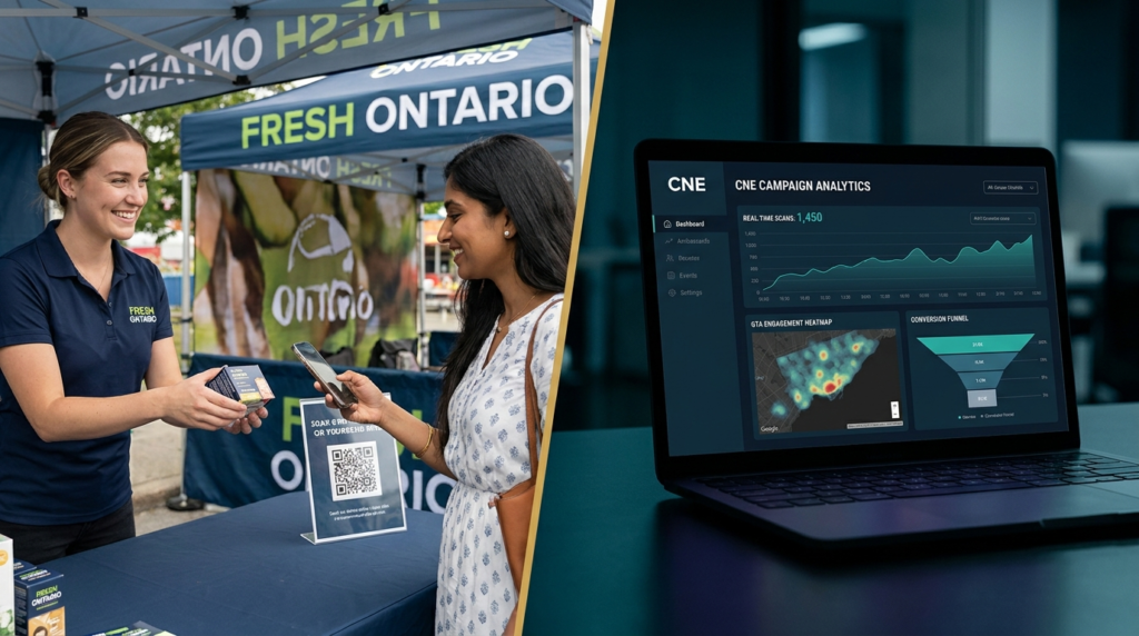 Split image showing a “Fresh Ontario” sampling booth where a customer scans a QR code to receive a product, alongside a laptop displaying CNE campaign analytics with real-time scans, heatmap, and conversion funnel.