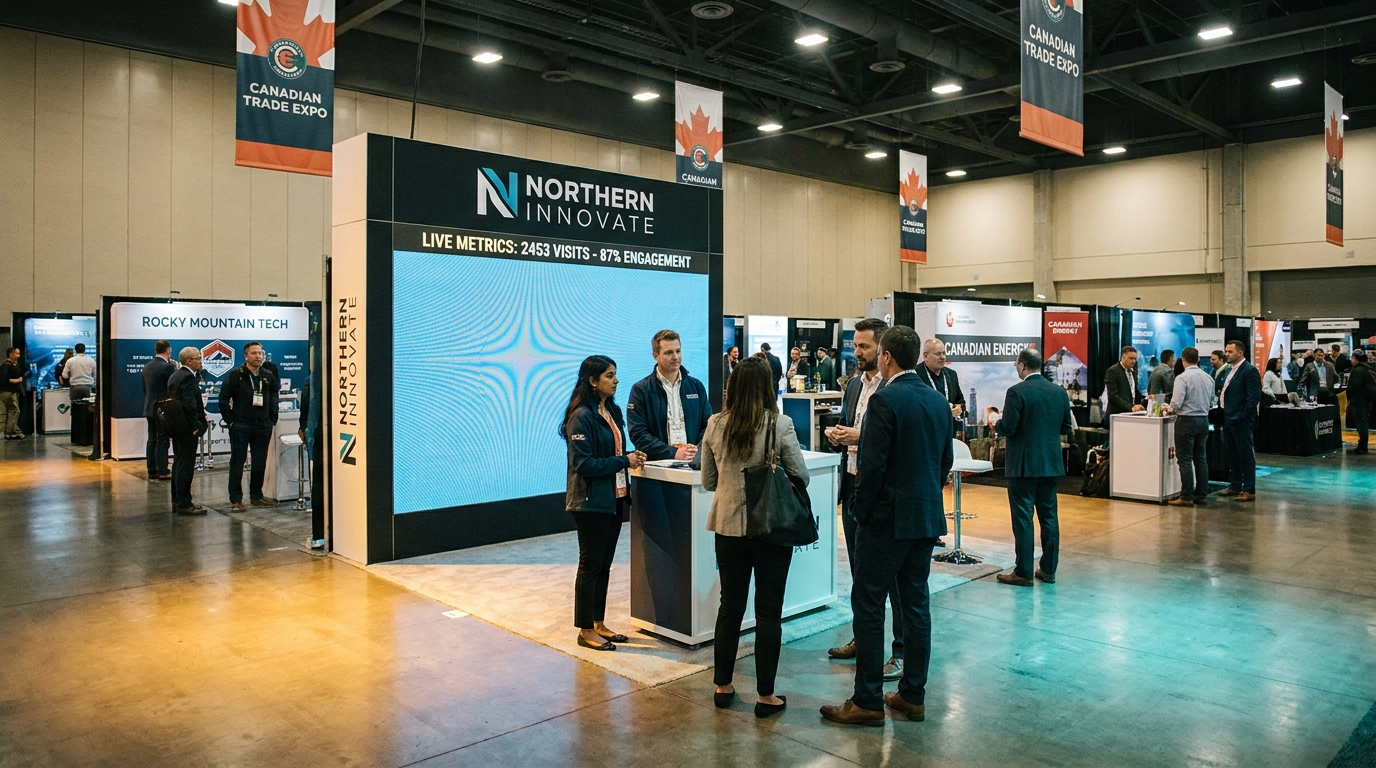 Trade show booth for “Northern Innovate” at a Canadian Trade Expo, featuring a large digital display with live engagement metrics while attendees network and discuss services.