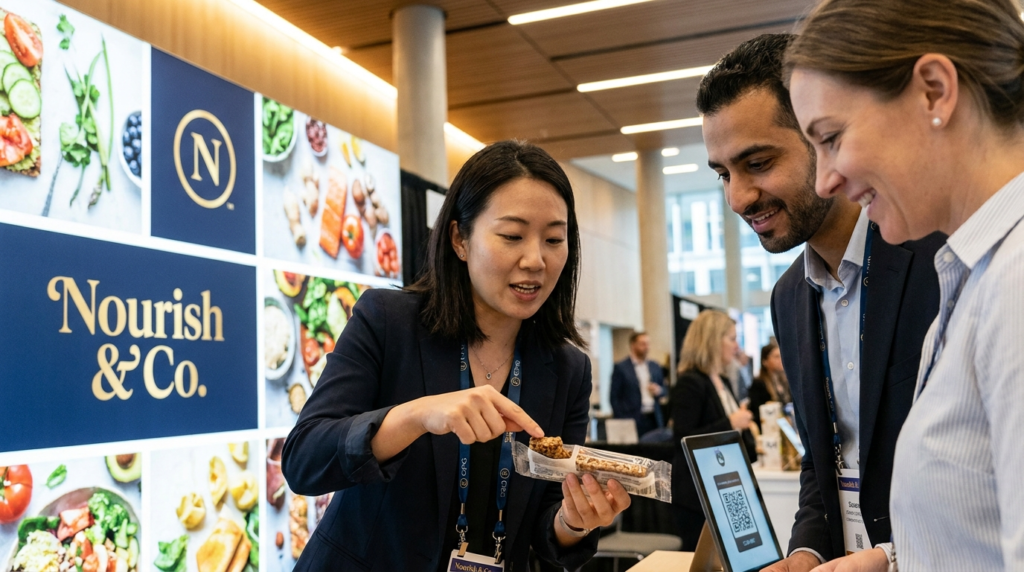 Brand representative at a “Nourish & Co.” trade show booth demonstrating a snack product to attendees, with food imagery display and QR code sign for engagement.