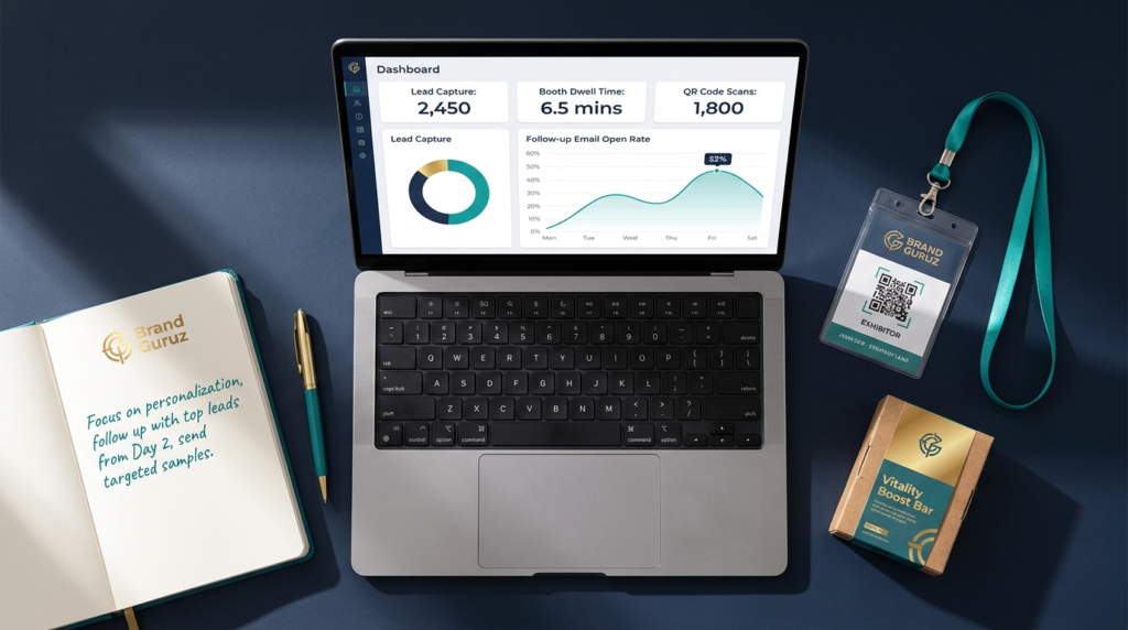 Laptop displaying a marketing analytics dashboard with lead capture, dwell time, and QR scan metrics, alongside a Brand Guruz notebook, pen, exhibitor badge, and sample product box on a desk.