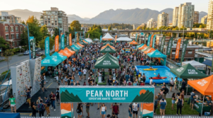 High-angle view of a crowded outdoor street festival in Vancouver with “Peak North” branded tents, interactive activities like climbing and kayaking, and mountains in the background.