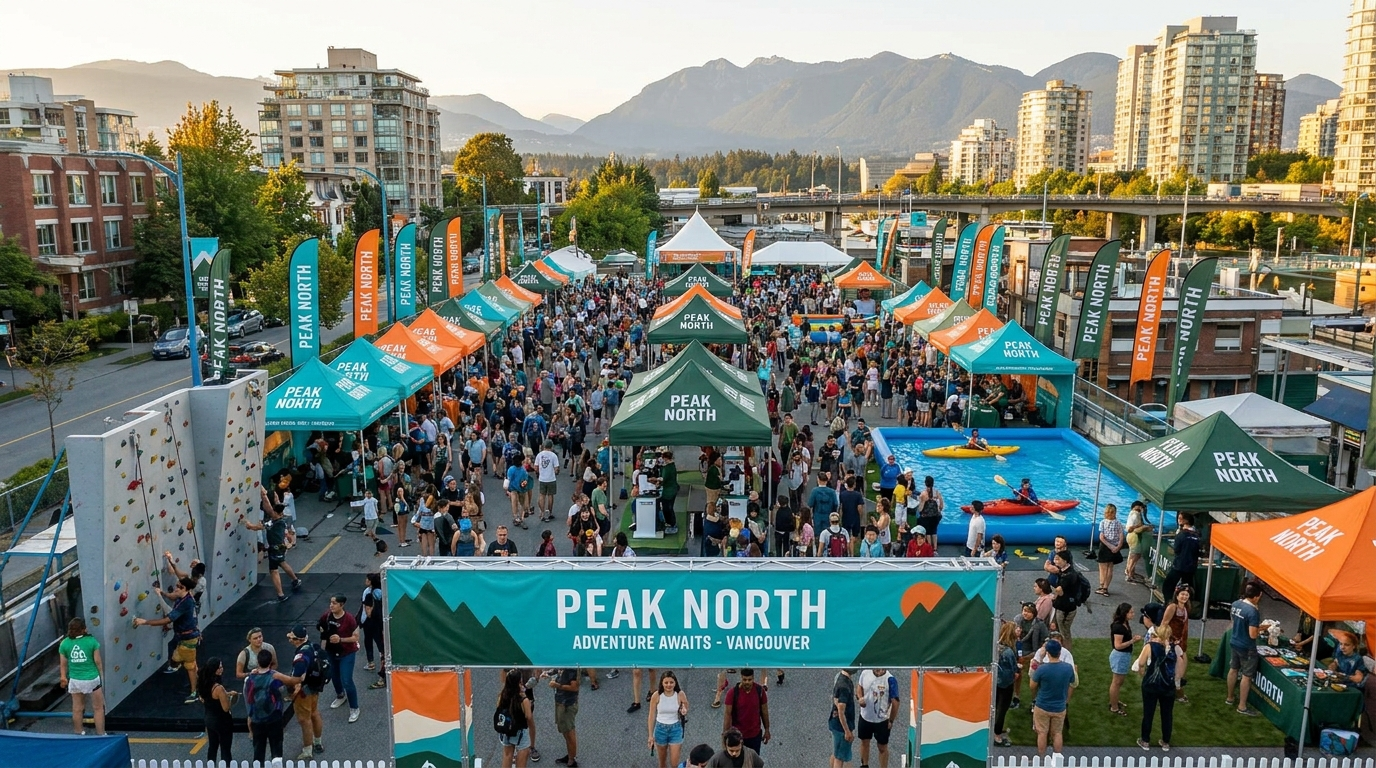 High-angle view of a crowded outdoor street festival in Vancouver with “Peak North” branded tents, interactive activities like climbing and kayaking, and mountains in the background.