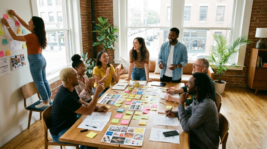 Diverse marketing team brainstorming campaign strategy in a bright office, using sticky notes, mood boards, and collaborative discussion around a table.
