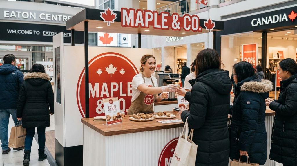 Maple & Co. product sampling booth at Eaton Centre Toronto, brand ambassador handing out snack samples to shoppers in a high-traffic mall activation.
