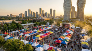 Aerial view of multicultural outdoor festival in Mississauga with colorful vendor tents, live stage, and large crowd in high-traffic urban setting.
