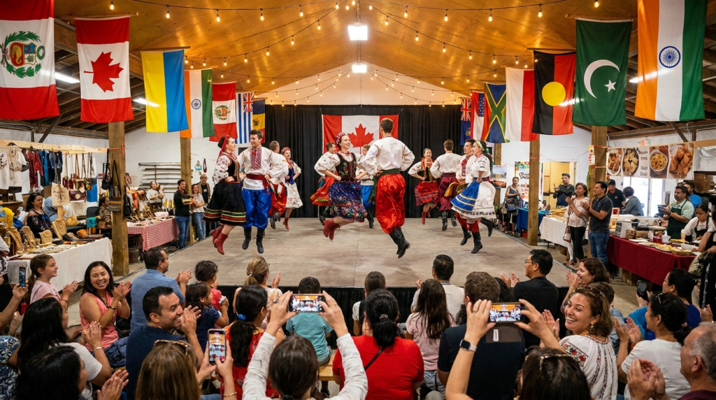 Multicultural indoor festival with live folk dance performance, international flags, vendor booths, and engaged audience in a lively cultural event setting.