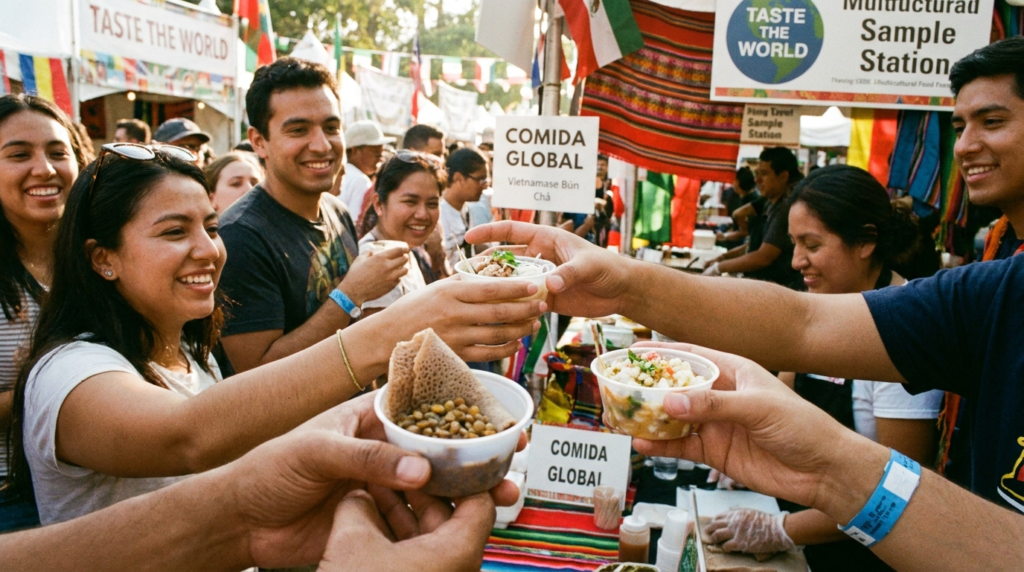 Multicultural food festival with attendees sampling global dishes at a Taste the World booth, engaging with vendors in a lively outdoor setting.