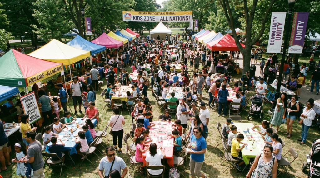 Ontario multicultural festival kids zone with families and children doing crafts under colorful tents in a busy outdoor community event.